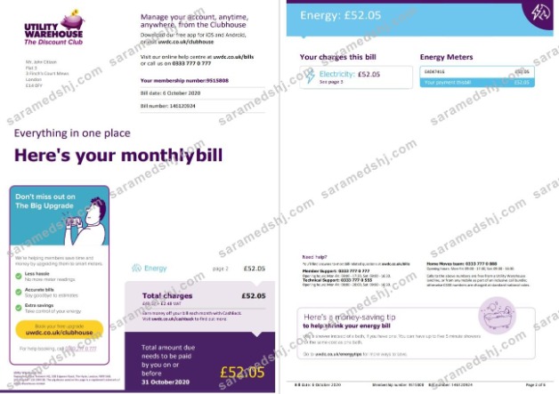 United Kingdom Utility Warehouse electricity utility bill template in Word and PDF format (6 pages) 1 2